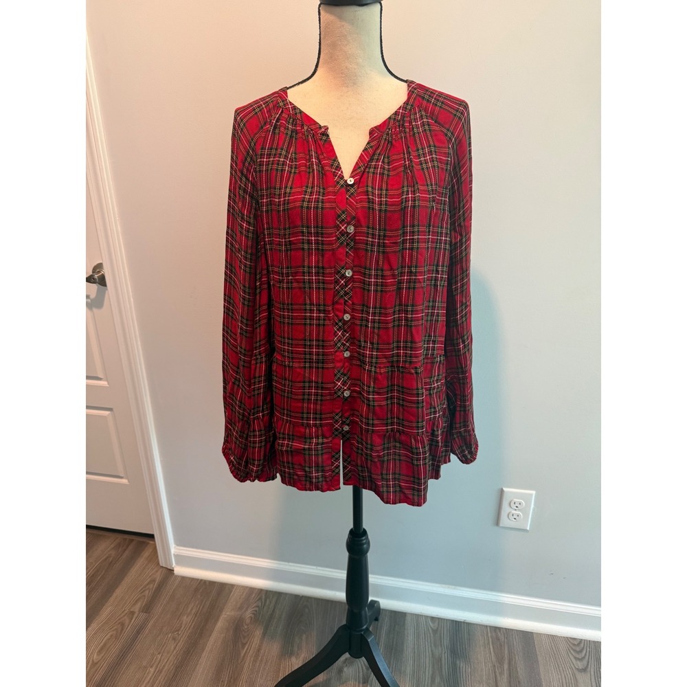 J. Jill Red Plaid Button Down Tiered Tunic Top Blouse Women's sz XL Long Sleeve